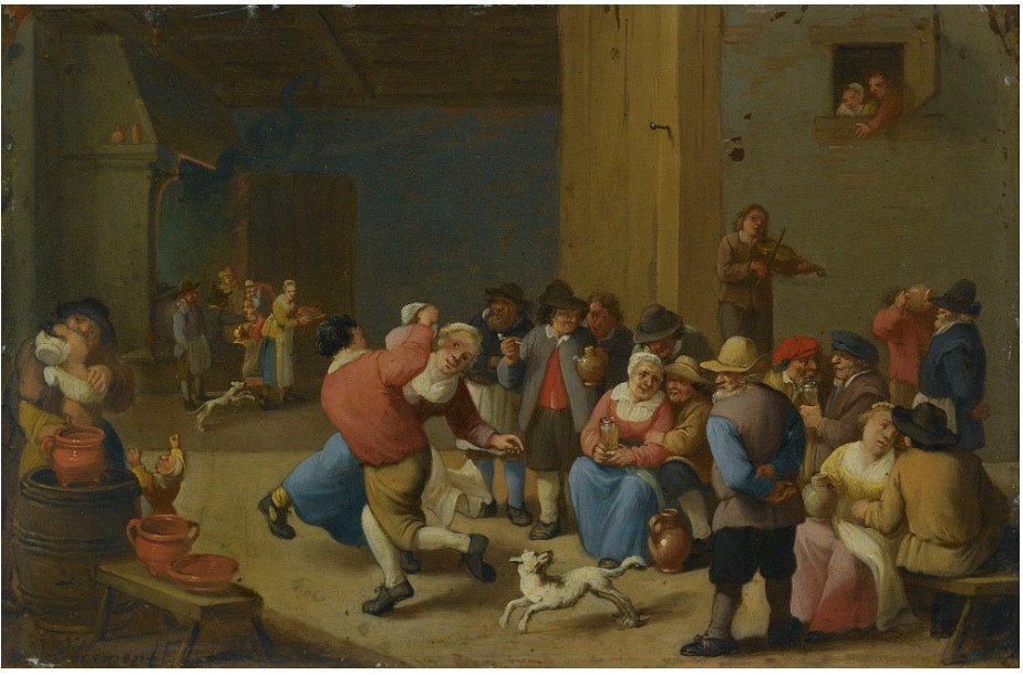 A crowded tavern scene with a stout man in red and blue dancing vigorously while a violinist plays and villagers drink and watch.
