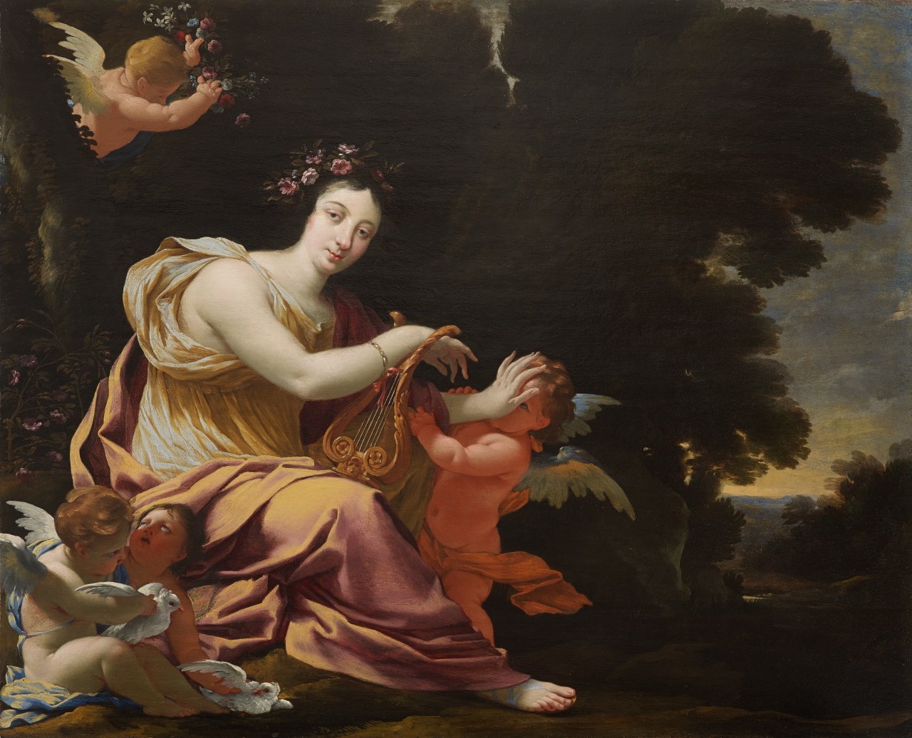 Seated woman in golden and crimson robes wearing a floral crown, holding a lyre, attended by three putti in a wooded landscape.