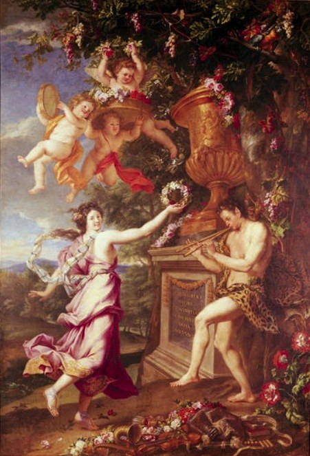Oil painting of a nymph in pink drapery leaping upward and a satyr reaching toward her in a flower-laden garden, with three musical putti overhead.