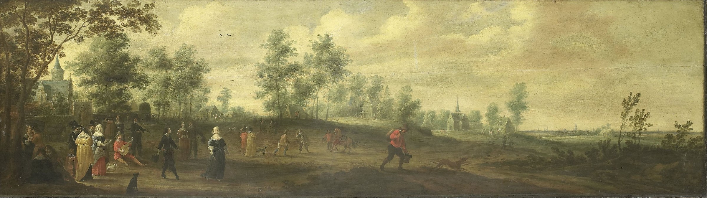 Seventeenth-century oil painting showing a couple in bright red dancing on a meadow, watched by elegantly dressed spectators, with trees and a distant town.