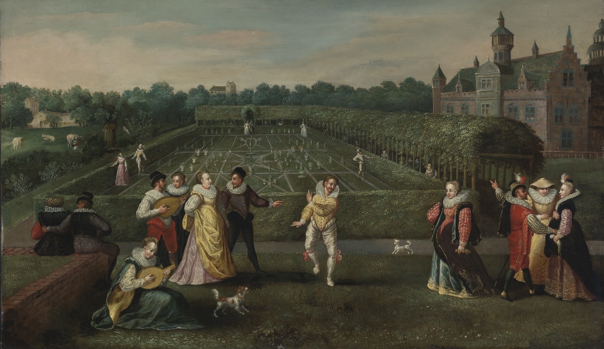 Flemish Renaissance garden party with courtiers in elaborate dress, some holding lutes, strolling and dancing near a palace with geometric hedge parterres
