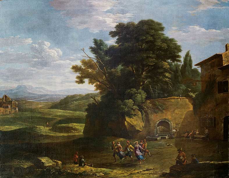 Men and women in 17th-century dress dance energetically in a loose group at the base of a ruined stone tower in an Italian landscape.