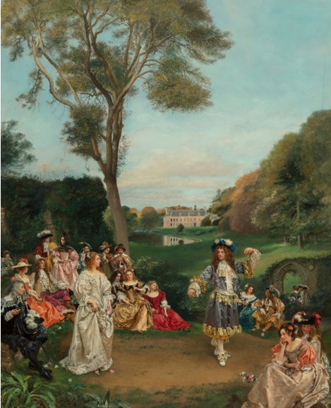 Formal garden ball scene with elegantly dressed men and women in 1870s costume arranged in social groups on a sunlit terrace beside a lake.