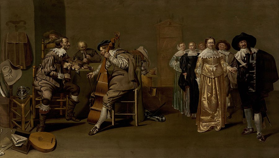 Formal gathering with standing figures in court dress on right and three seated musicians on left, facing each other across a room.