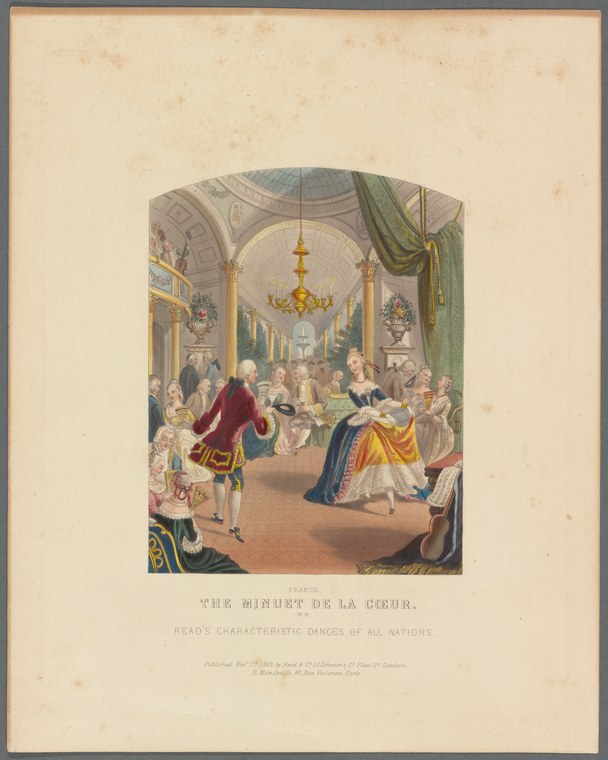 Colored engraving of a formal 18th-century court ballroom with a central couple dancing the minuet in upright posture while aristocrats in silks and brocades