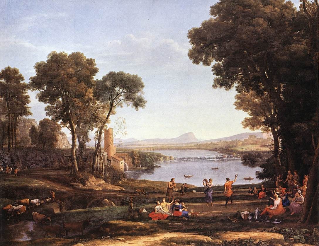 Vast sunlit river valley framed by ancient trees, with a crowd of classically dressed figures gathering on grassy ground before a fortified settlement.