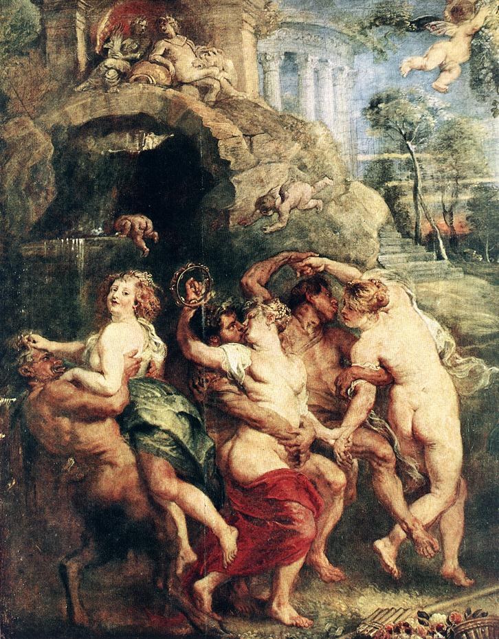 A reclining satyr attended by nude nymphs offering fruit and wine in a classical stone setting, painted in warm flesh tones.