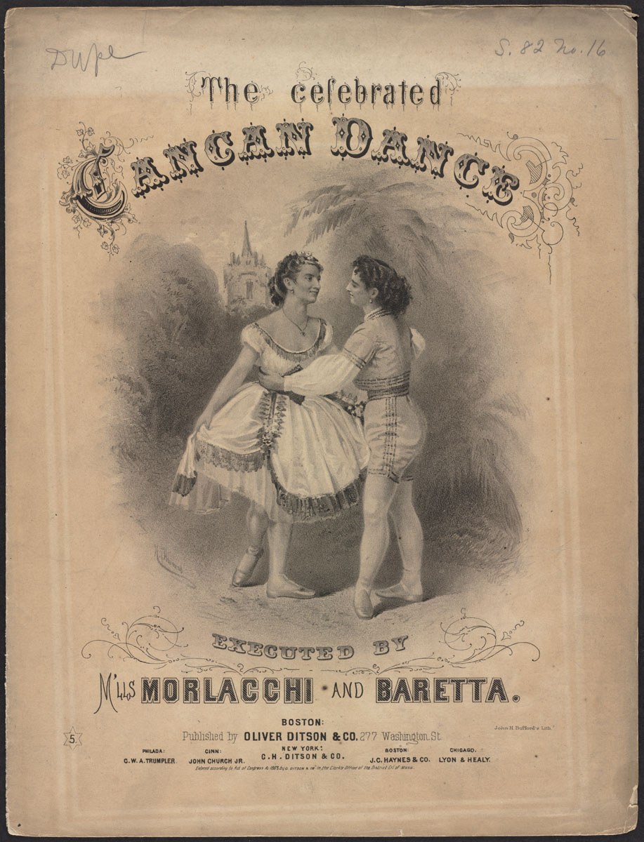 Lithograph of two women in classical costume performing a high kick, the can-can, circa 1868.