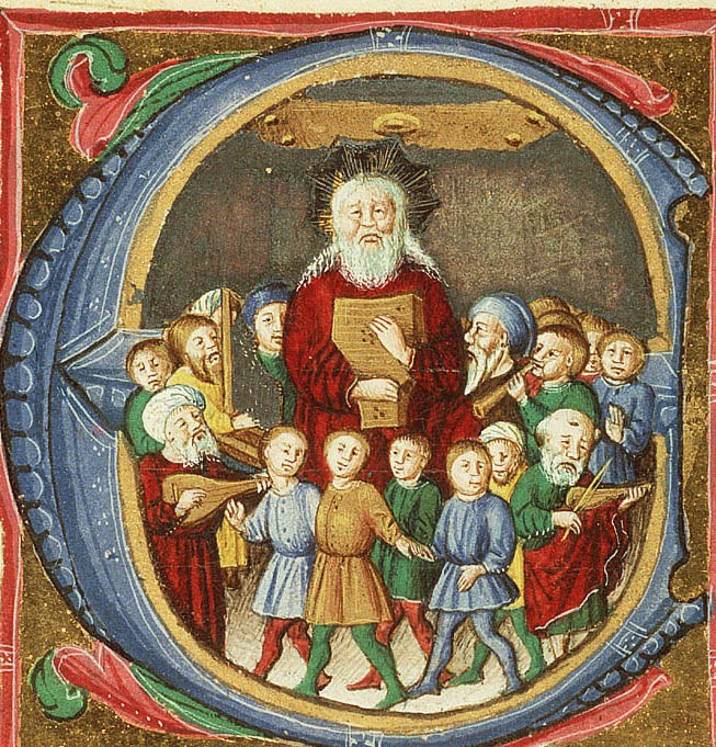 Bearded man in red robe and halo stands among dancing children in tunics, in a vaulted medieval interior illuminated with gold leaf.