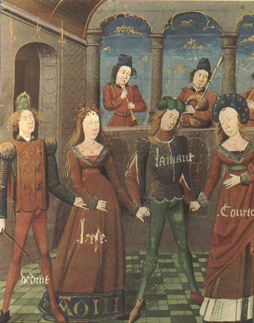 Medieval manuscript illumination showing five dancers in rich court dress arranged in a line, with two musicians in a gallery above, beneath blue vaulted
