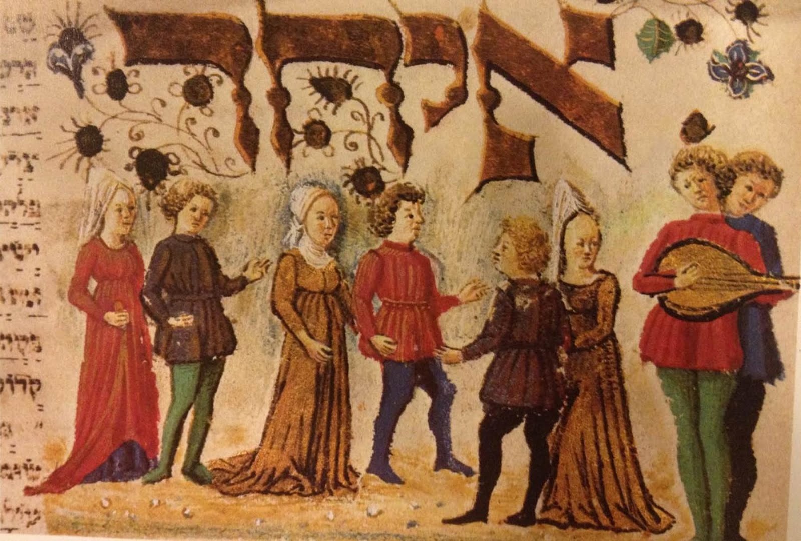 Seven figures in 15th-century dress stand in a casual group, some turned toward each other, under a heraldic banner and decorative foliage.