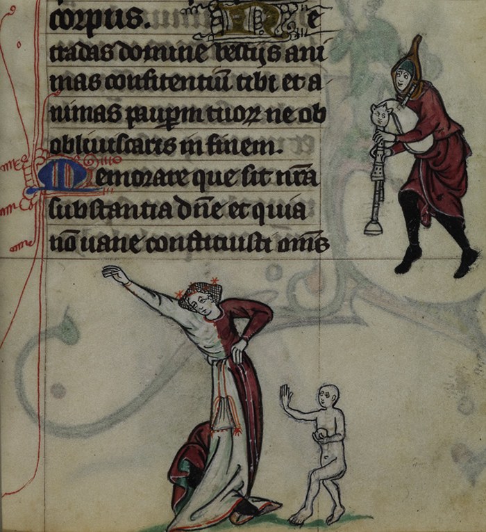 Medieval manuscript margin showing a woman in burgundy leaning back with arm raised, dancing to bagpiper in pointed hood; small nude child at left.