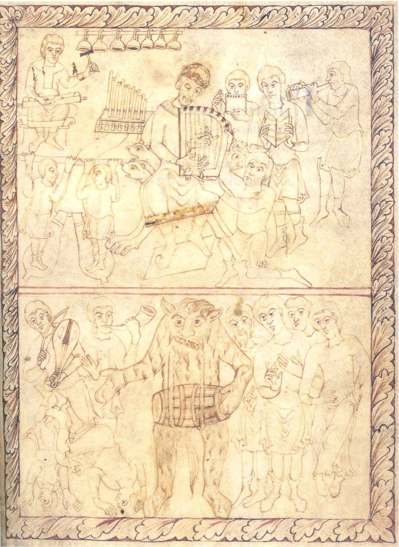 Medieval manuscript page divided in two: above, King David plays harp surrounded by musicians; below, a horned demon dances surrounded by nude figures playing