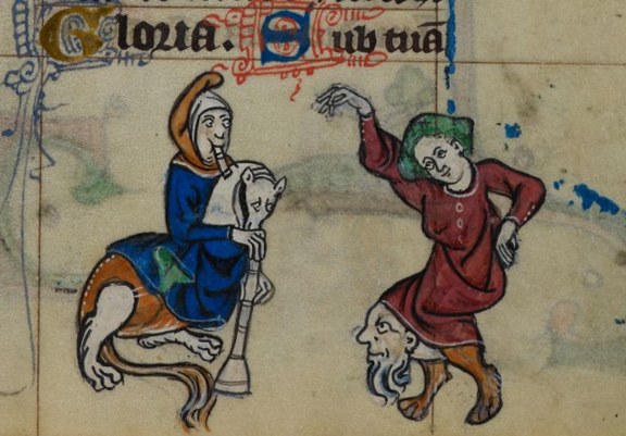 Two fantastical creatures in a medieval manuscript margin: one playing a pipe while bending forward, the other dancing with an upraised arm.