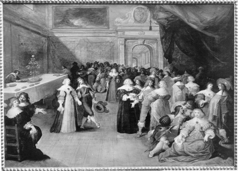 A crowded Renaissance hall with two couples dancing at center in formal dress while dozens of onlookers stand and sit around them, watching musicians perform.