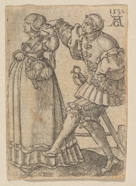 A man in a feathered hat and doublet dances with a woman in a long gown and high collar, circa 1539, in an open position with raised arms.