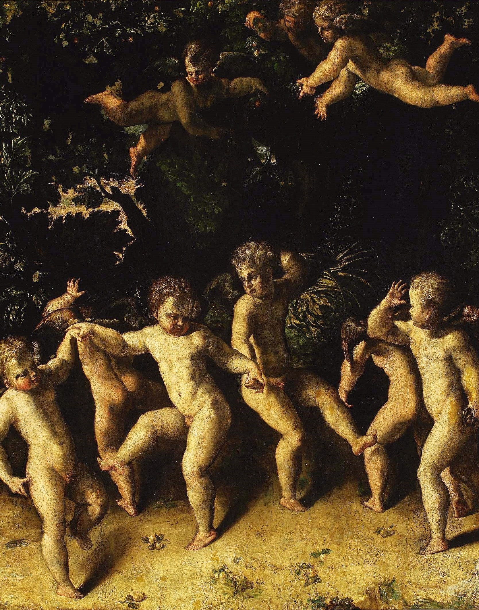 About a dozen plump cherub figures dance in a woodland clearing, their bodies glowing gold against dark foliage.
