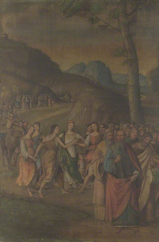 A crowd of figures in classical drapery with raised arms gathers in a rocky landscape under golden light; biblical celebration scene.