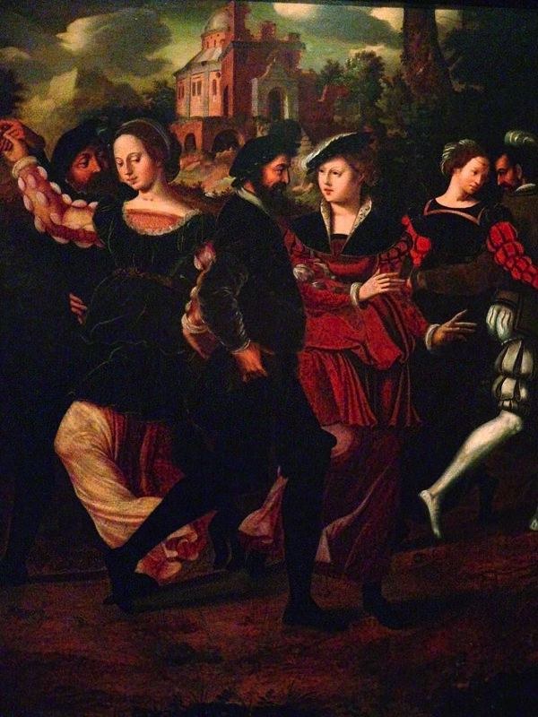 Six elegantly dressed Renaissance nobles dance and stand in a moonlit garden, the women in gold and red gowns, the men in dark doublets and feathered hats.