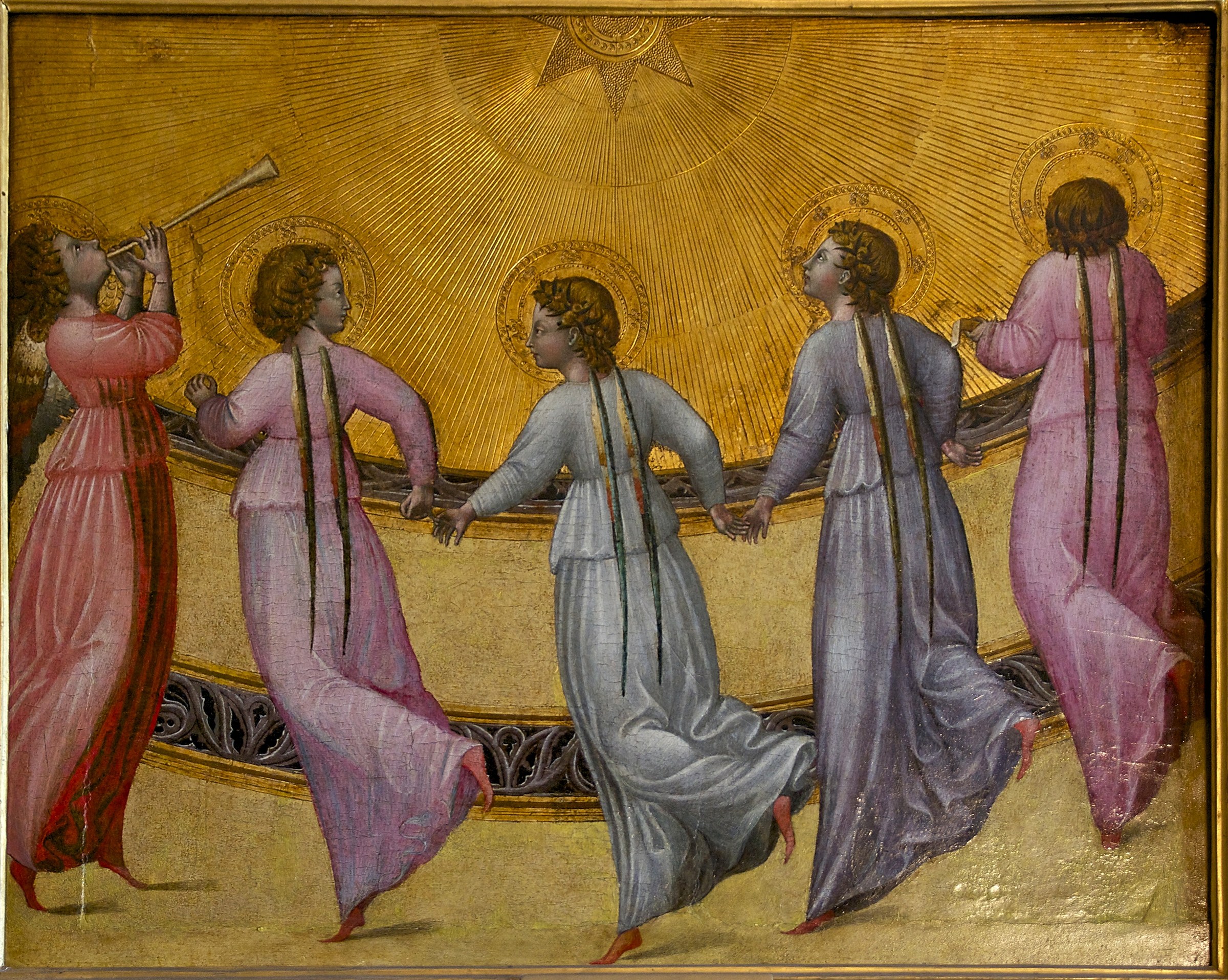 Five angels with golden halos hold hands in a processional line beneath radiating divine light, their flowing robes synchronized in movement.