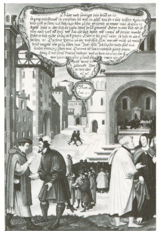 Renaissance woodcut of couples dancing in a civic plaza, wearing period dress, with buildings and townspeople surrounding them.