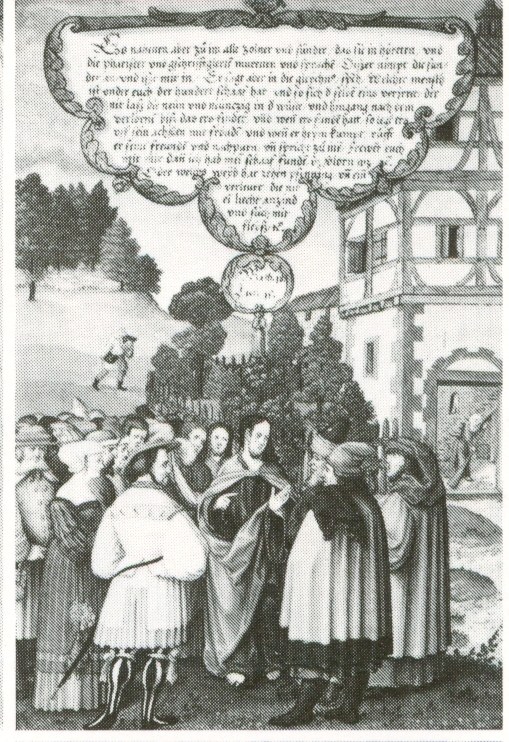 A crowd of robed figures in a renaissance town square gathers before a timber-framed building, beneath a floating text scroll.