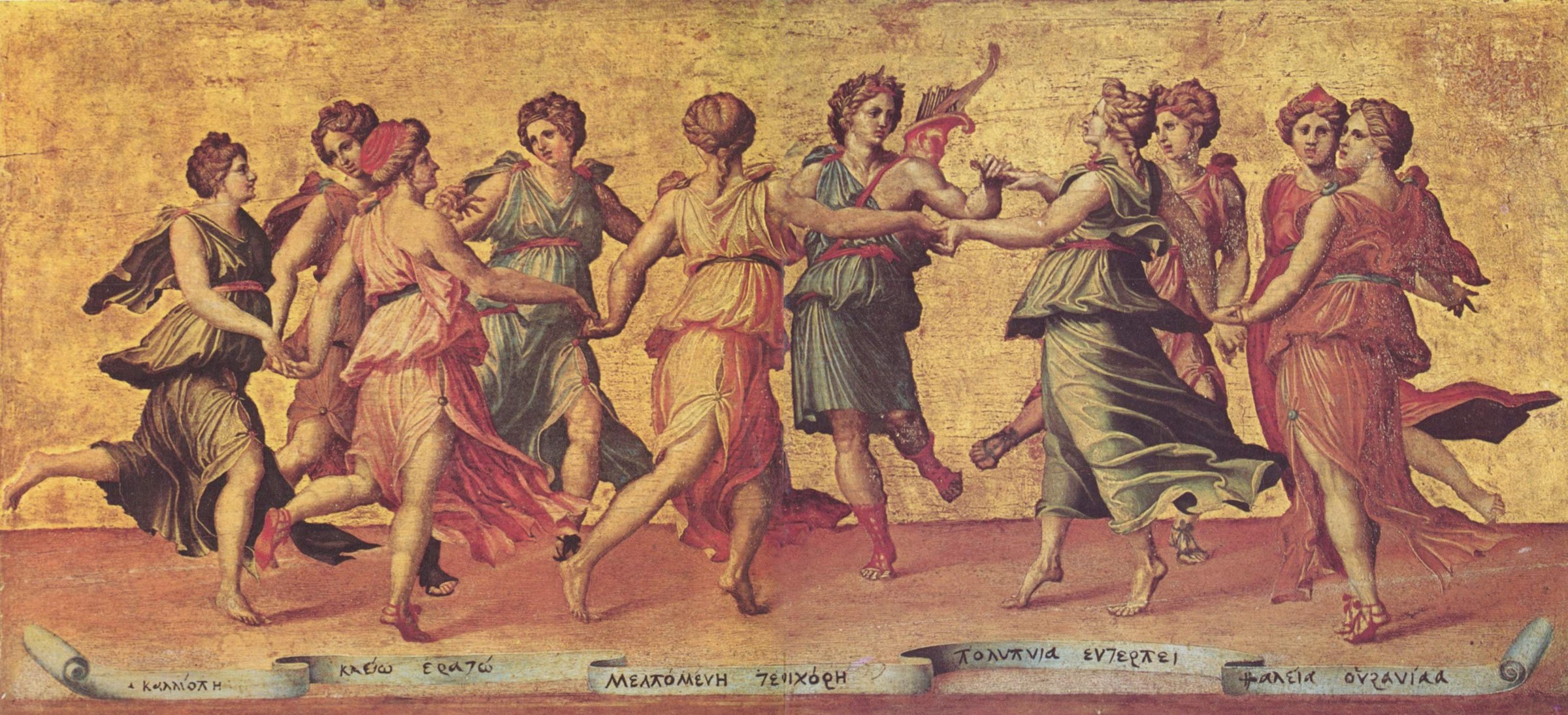 Ten figures in classical dress dance in a procession around Apollo at center, against a golden ground, with Greek inscriptions below.