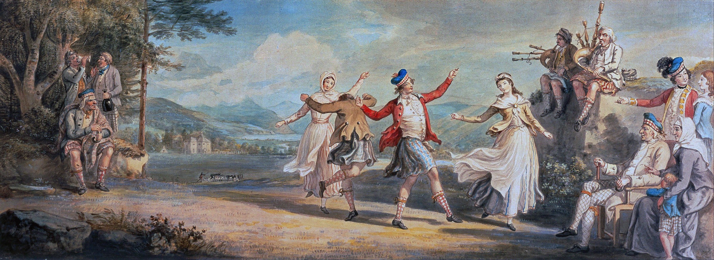 Oil painting: man and woman dance energetically in Highland dress in a valley landscape, surrounded by seated and standing spectators, with bagpiper visible.