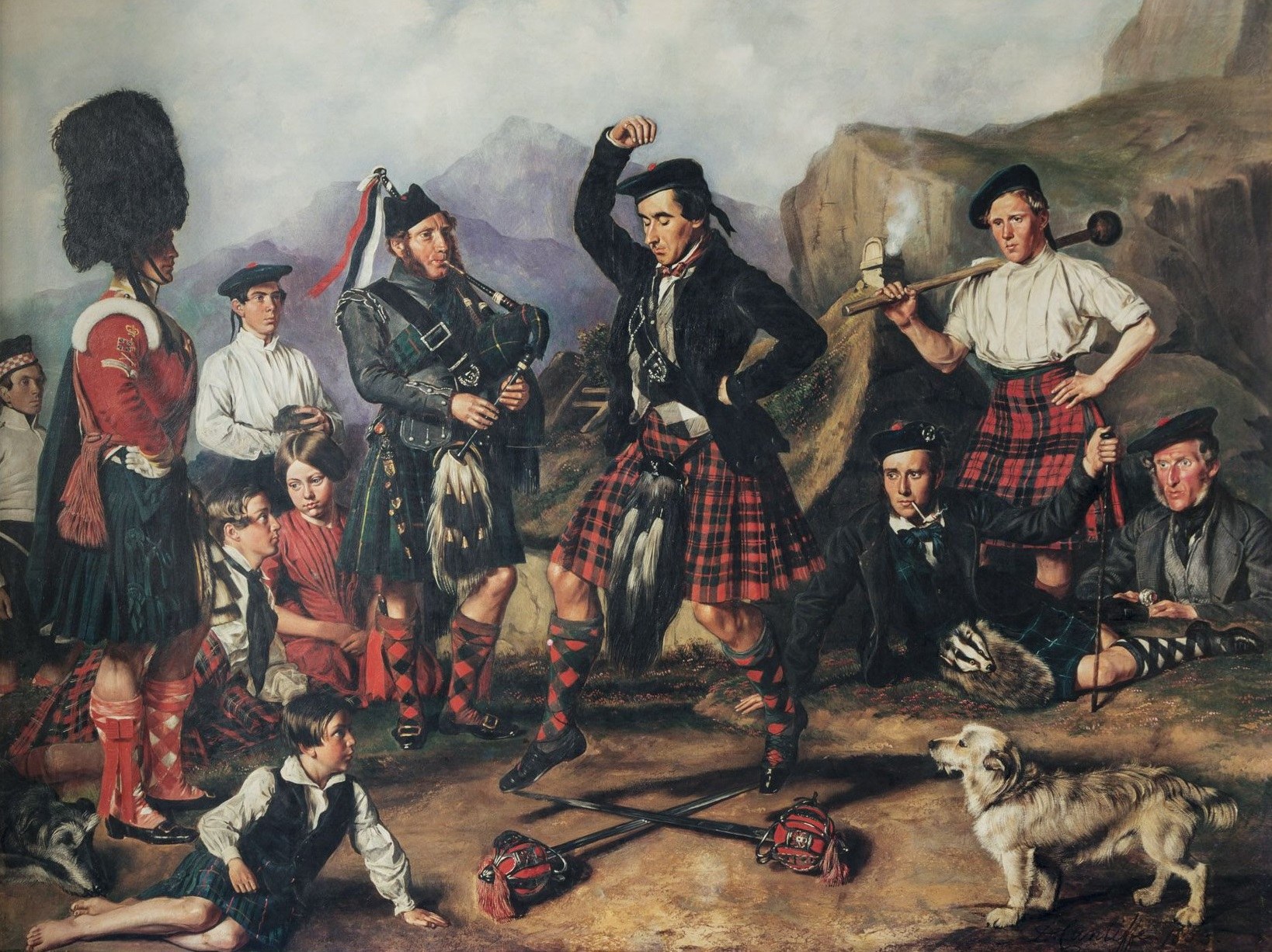 Young boy in dark jacket dances over crossed swords while uniformed soldiers and civilians watch in a rocky Highland landscape.