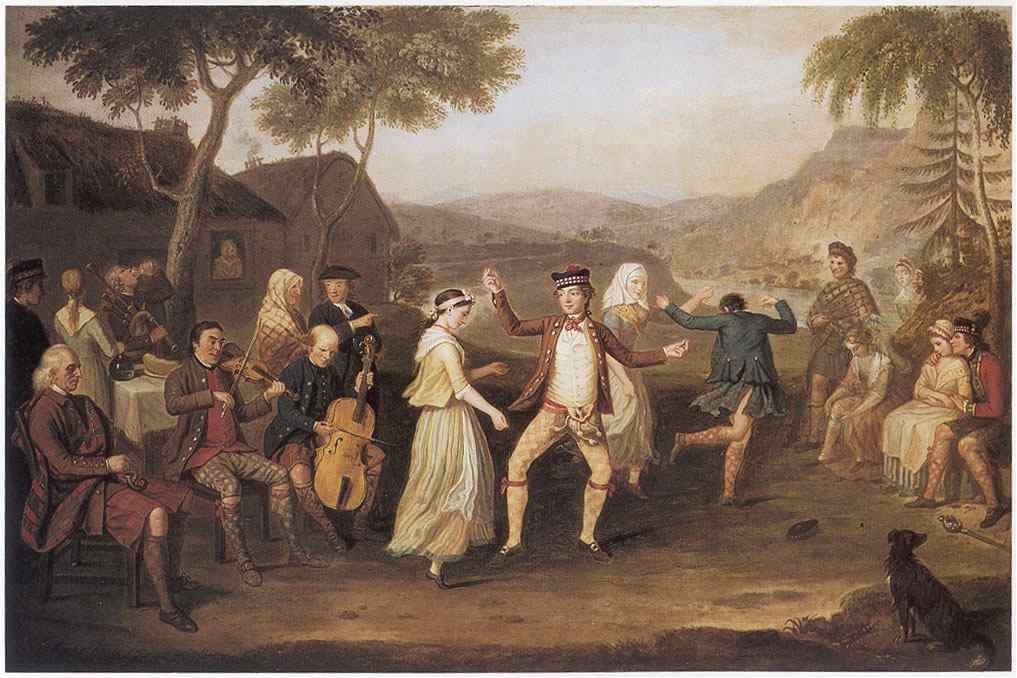 Two figures dance vigorously in Highland dress at a rural wedding; bagpipes and spectators surround them in a mountain valley.