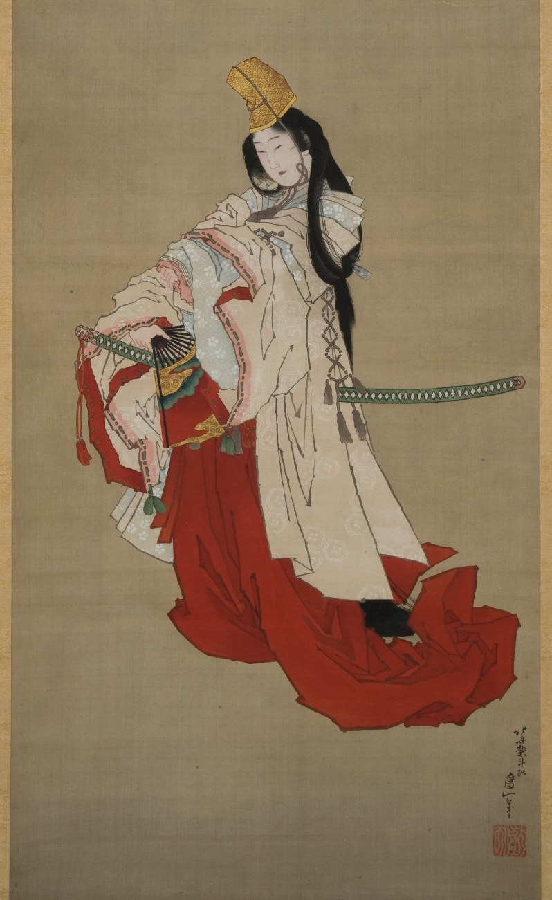 Hokusai's portrait of the legendary dancer Shizuka-gozen in formal white and red robes, gold hat, holding a fan and sword, standing in contemplative stillness.