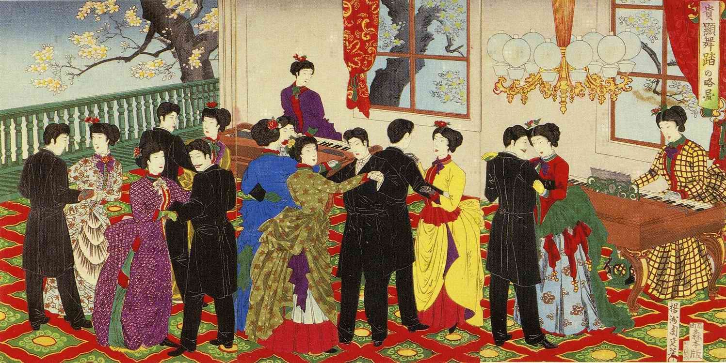 Formal ballroom reception at the Rokumeikan, Tokyo, 1888, with men in Western evening dress and women in Western gowns or Japanese kimonos, gathered for