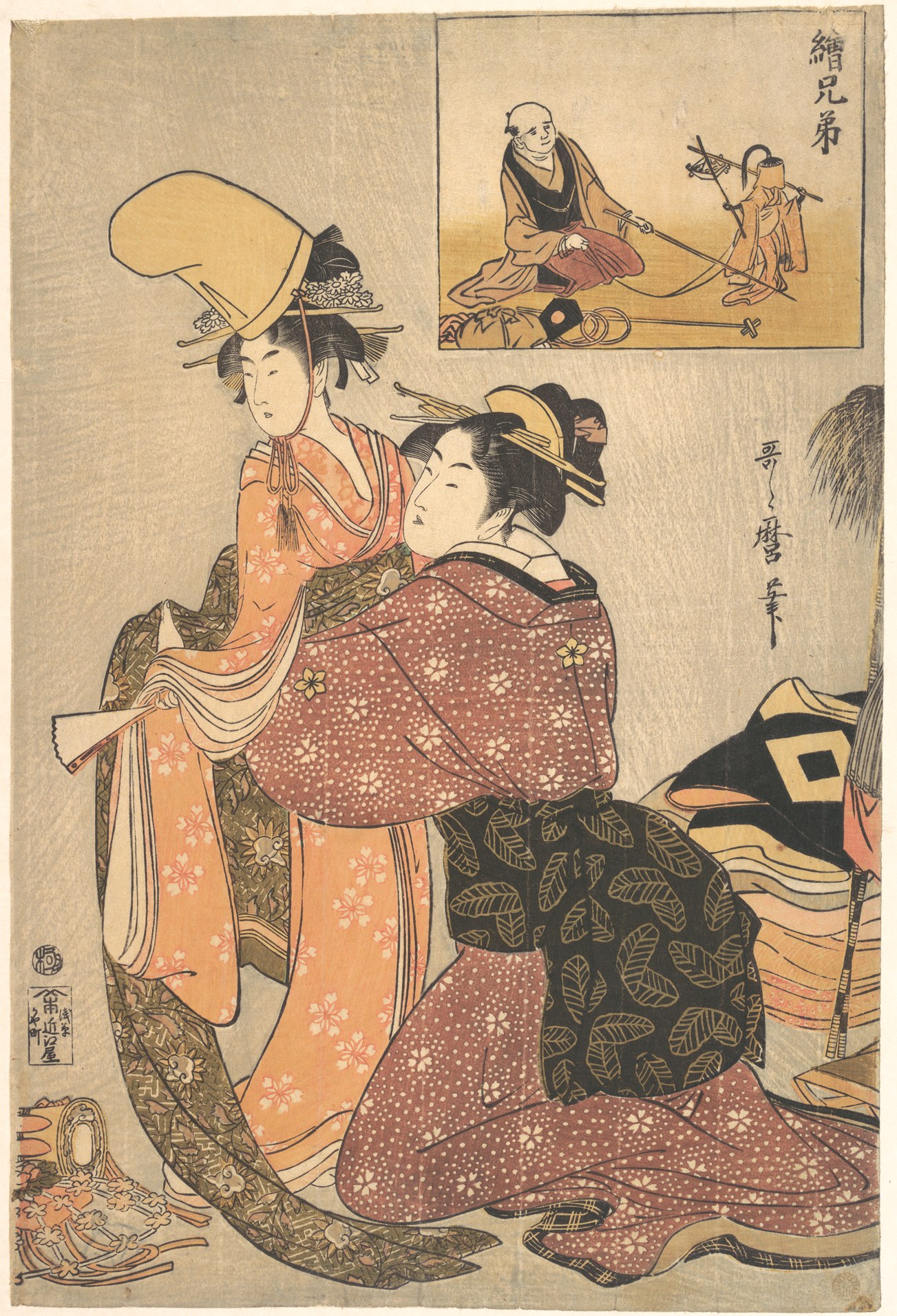 A kneeling woman in an ornate headdress and patterned orange kimono is attended by a seated woman in a red polka-dotted robe and black jacket, in a Japanese