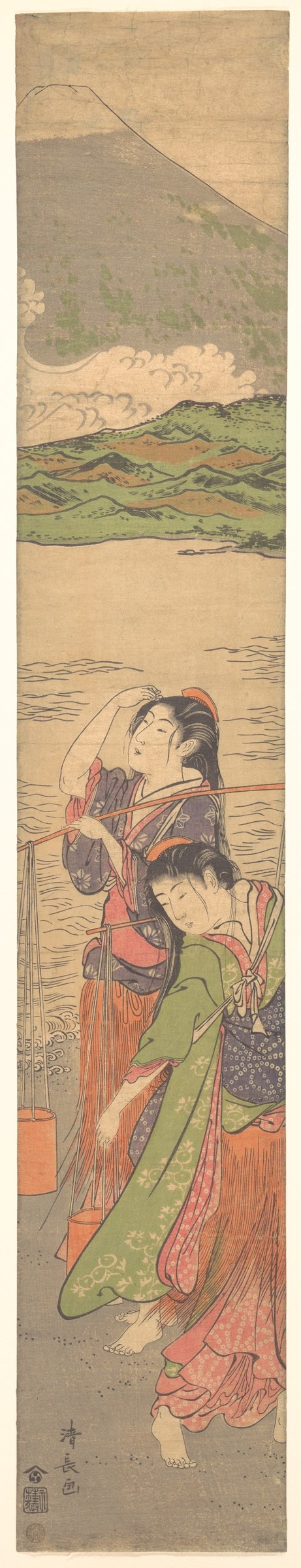 Two women in elaborate Edo dress stand at the water's edge gazing upward at Mount Fuji, with stylized waves between them and the distant mountain.