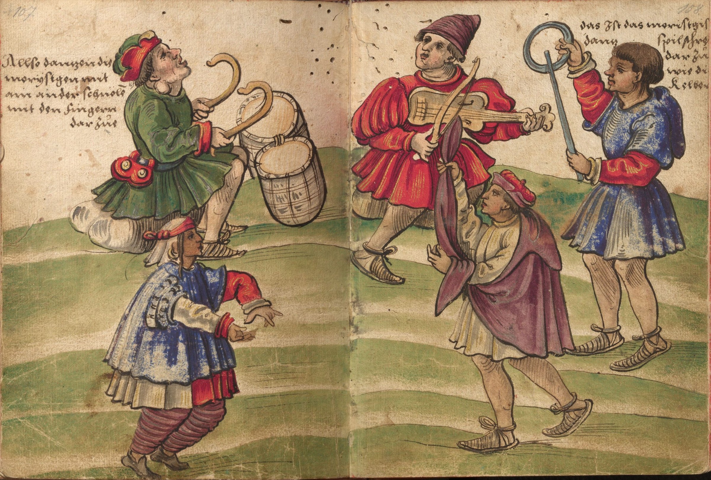 Five costumed figures in dynamic, twisted postures on a grassy ground, wielding curved swords and pipes, from a 16th-century German dance documentation.