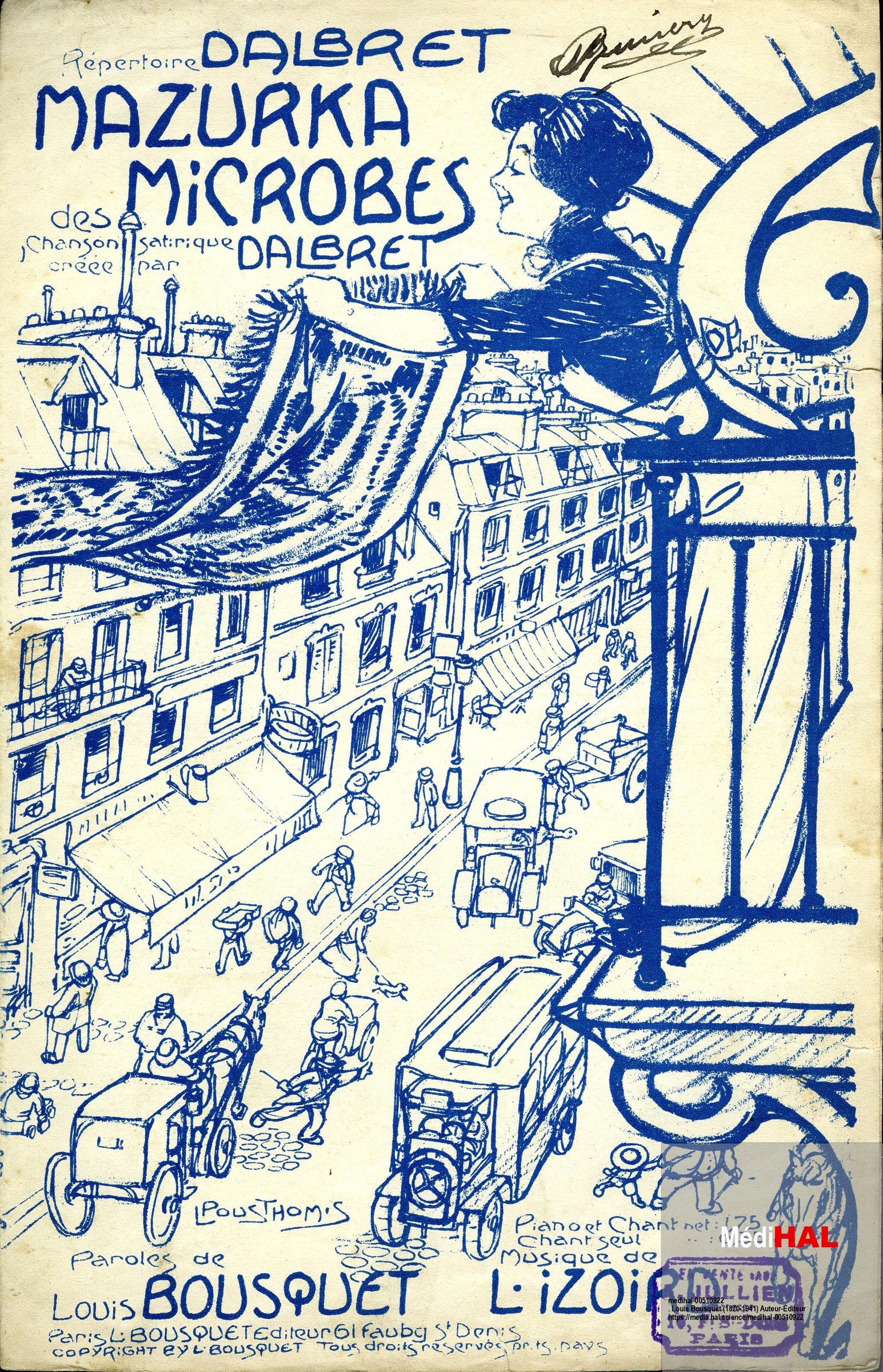 Art Nouveau illustration of a woman floating above a Parisian street, wearing a billowing cape, for a 1912 satirical song.