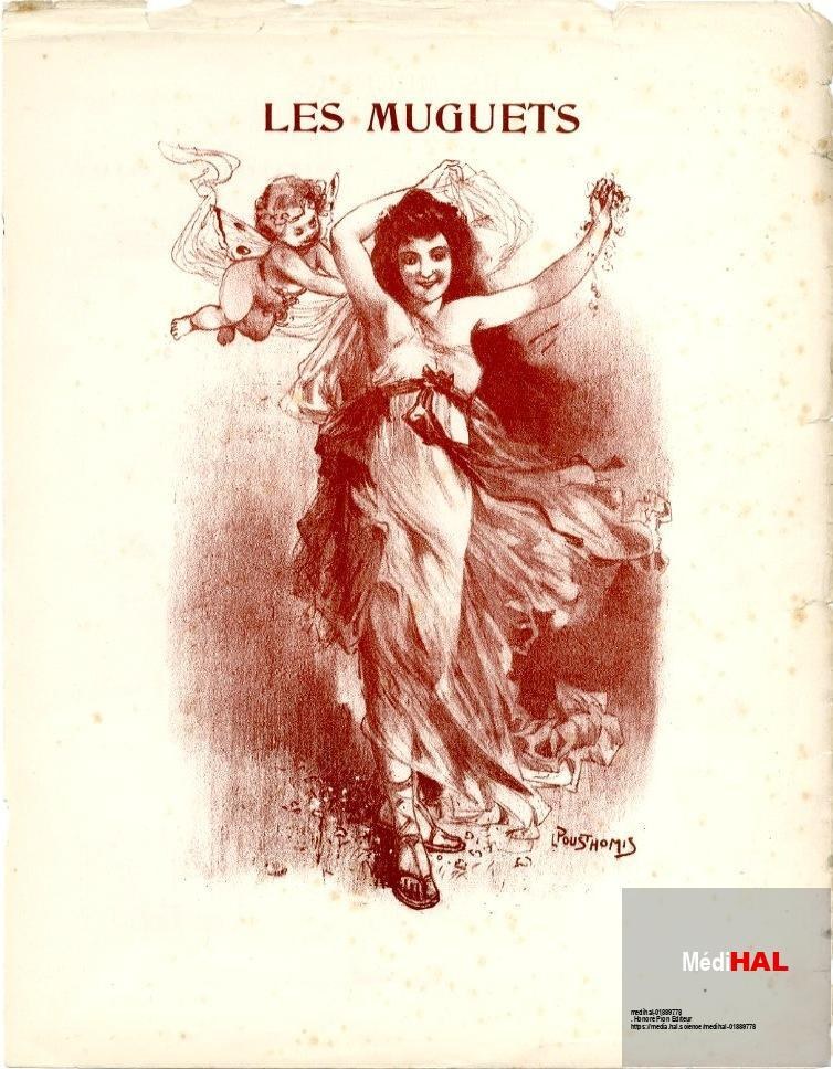 Lithograph of a woman in a white and rose dress, body spiraling upward in a dance pose, with a cherub above her shoulder.