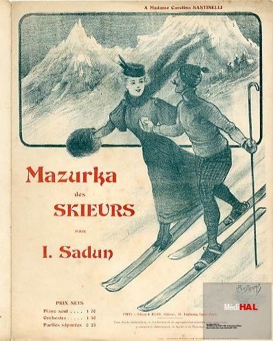Two fashionably dressed skiers in winter clothing face each other against snowy Alpine peaks on a sheet music cover titled 'Mazurka des skieurs.'