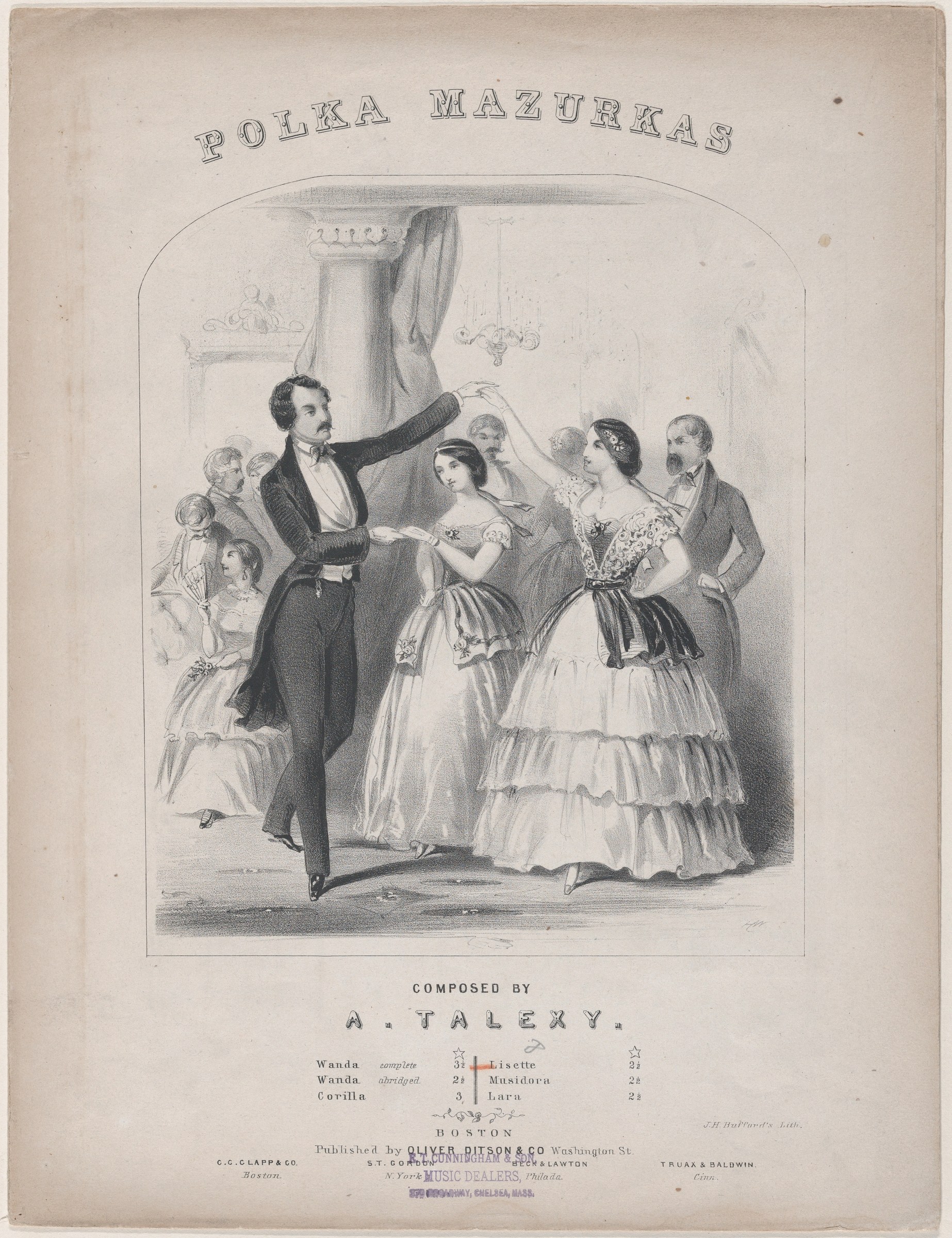 Mid-1800s lithograph of formally dressed gentleman and women dancing in a ballroom, sheet music cover for polka-mazurka composition.