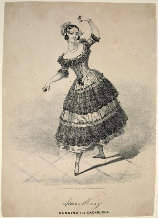 Woman in 1830s dress with tiered skirt, lifted to show legs, arms raised and extended, in a dynamic dancing pose against plain background.