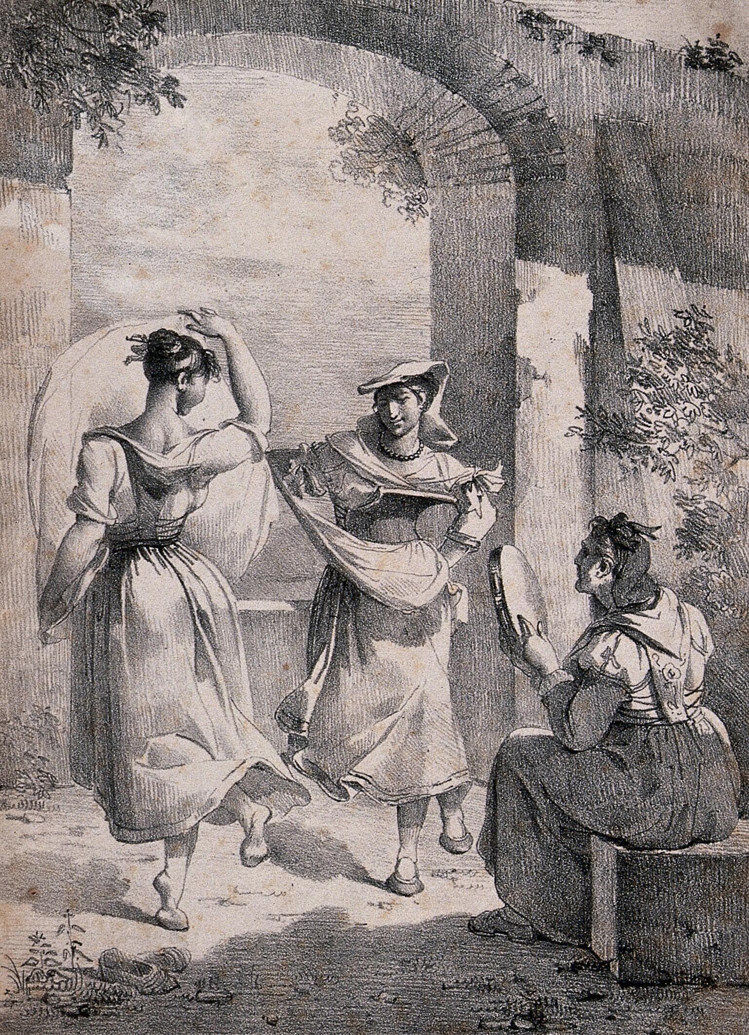 Three women in classical dress in a columned setting: two stand in energetic poses, one mid-jump with arms raised; a third sits watching.
