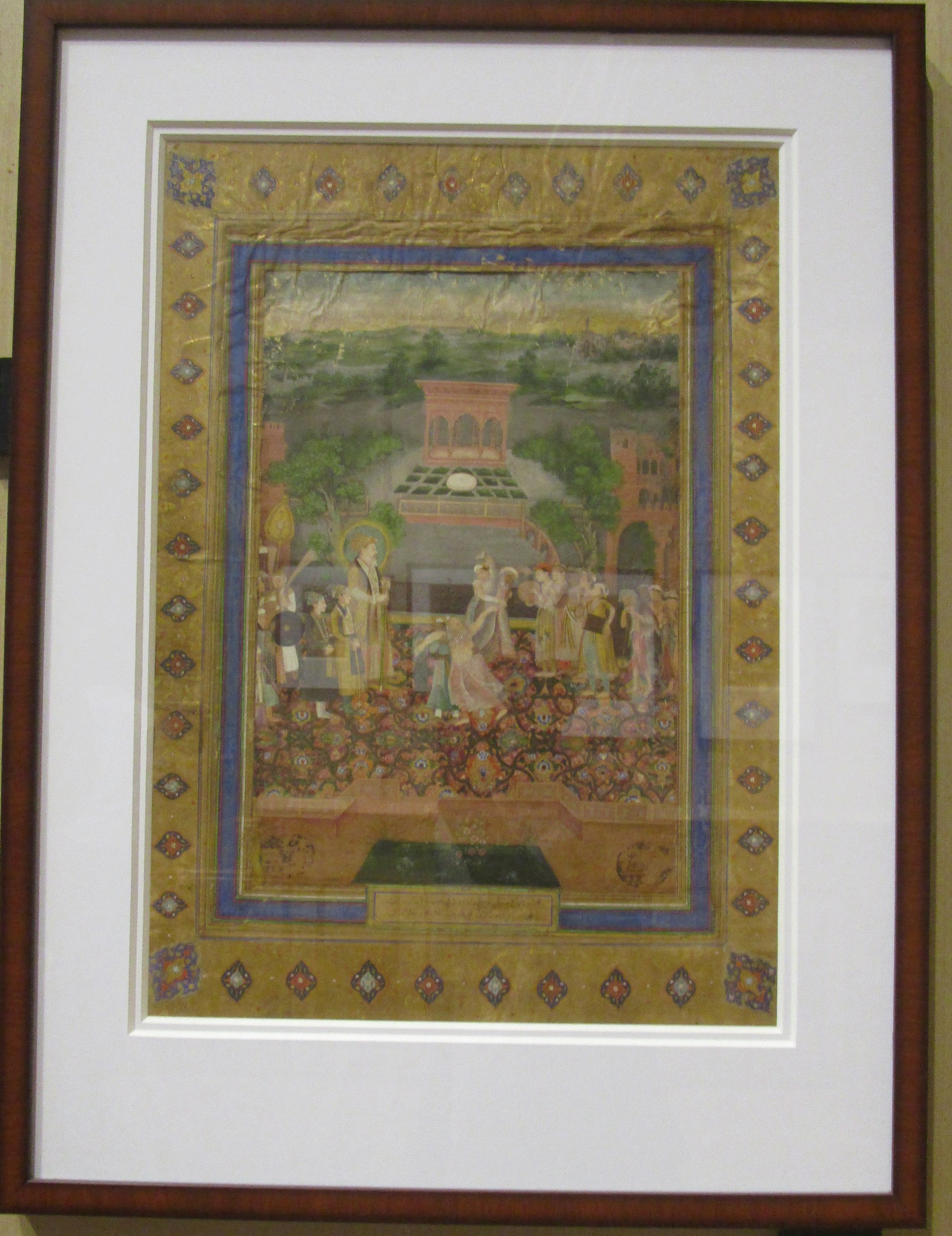 Mughal court painting showing Emperor Shah Jahan watching Sufi dancers in a pavilion, surrounded by courtiers and musicians in a formal garden setting.
