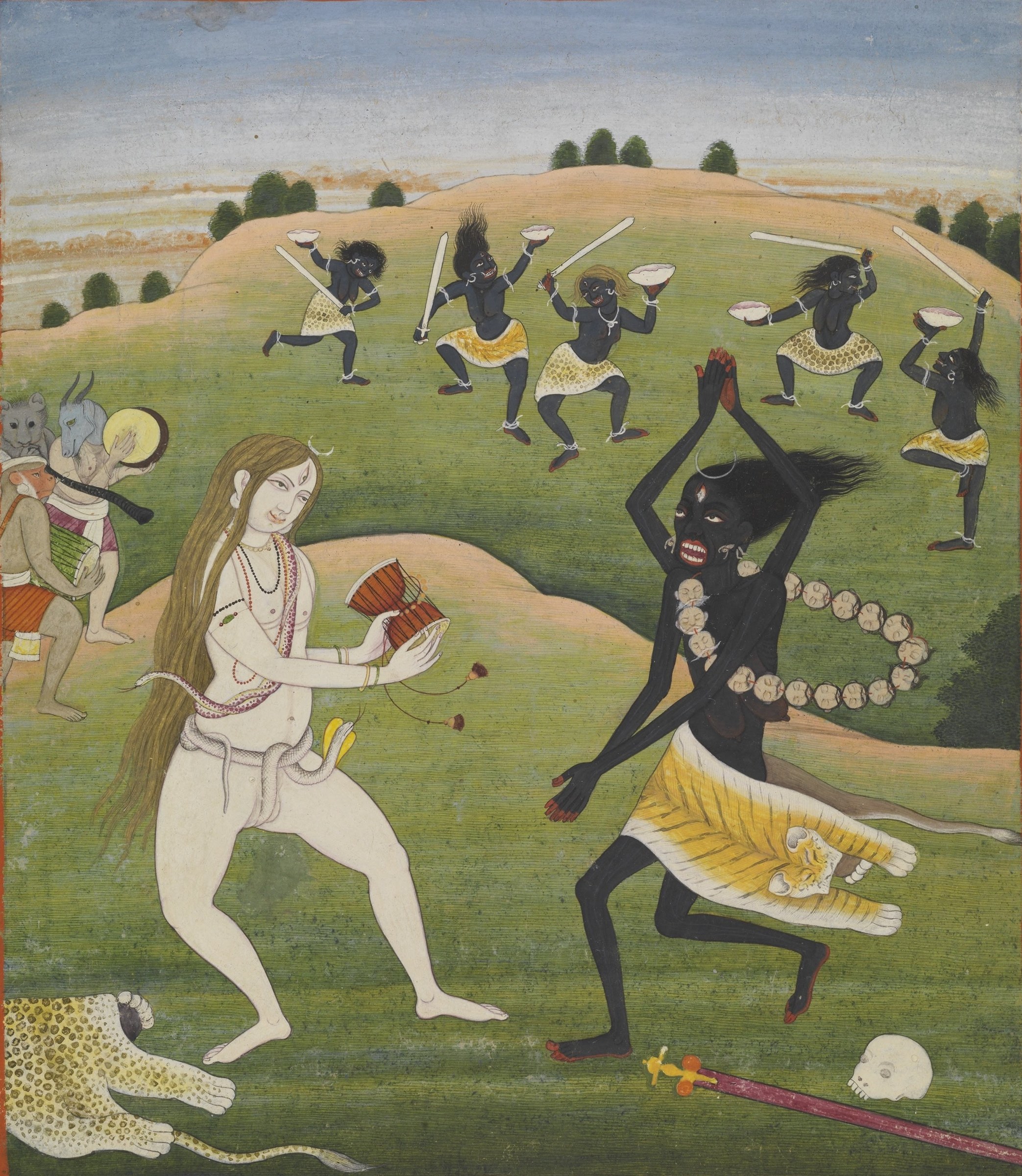 Two monumental figures dominate a hillside: a pale woman and a dark-skinned figure in ecstatic poses, with smaller dancing figures and a leopard behind them.