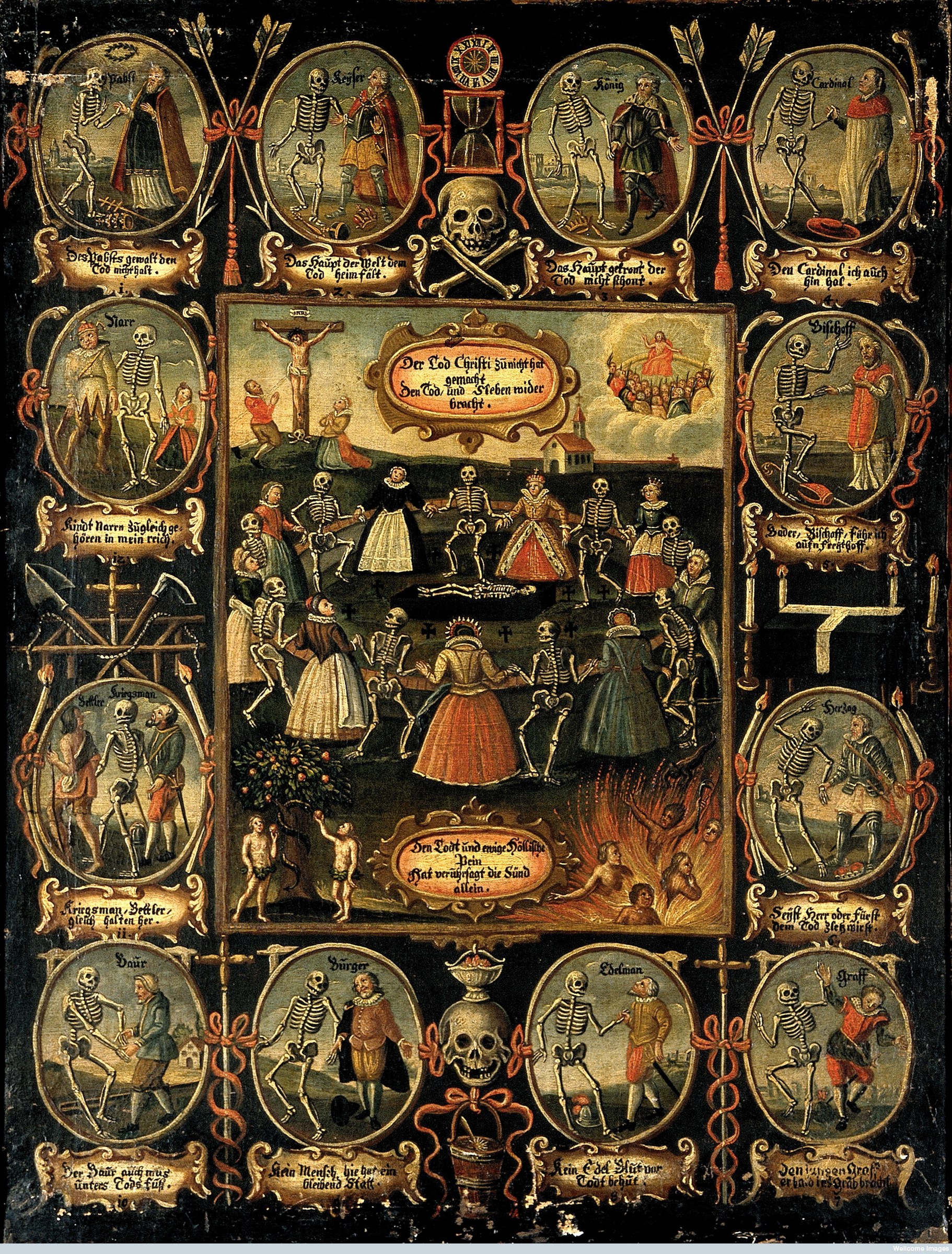 German woodcut: Christ on crucifix at center, surrounded by skeletal and living figures in formal dress dancing together, twelve marginal pairs of skeletons