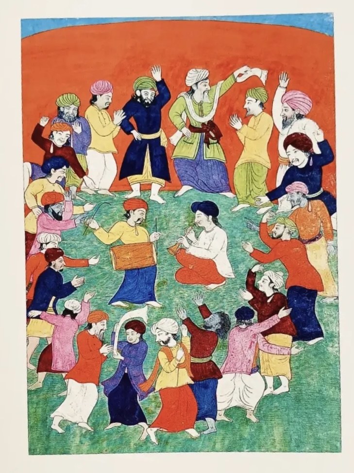 Watercolor of dozens of men, women, and children dancing bhangra in a green field beneath an orange sky, with musicians and elders standing on an elevated