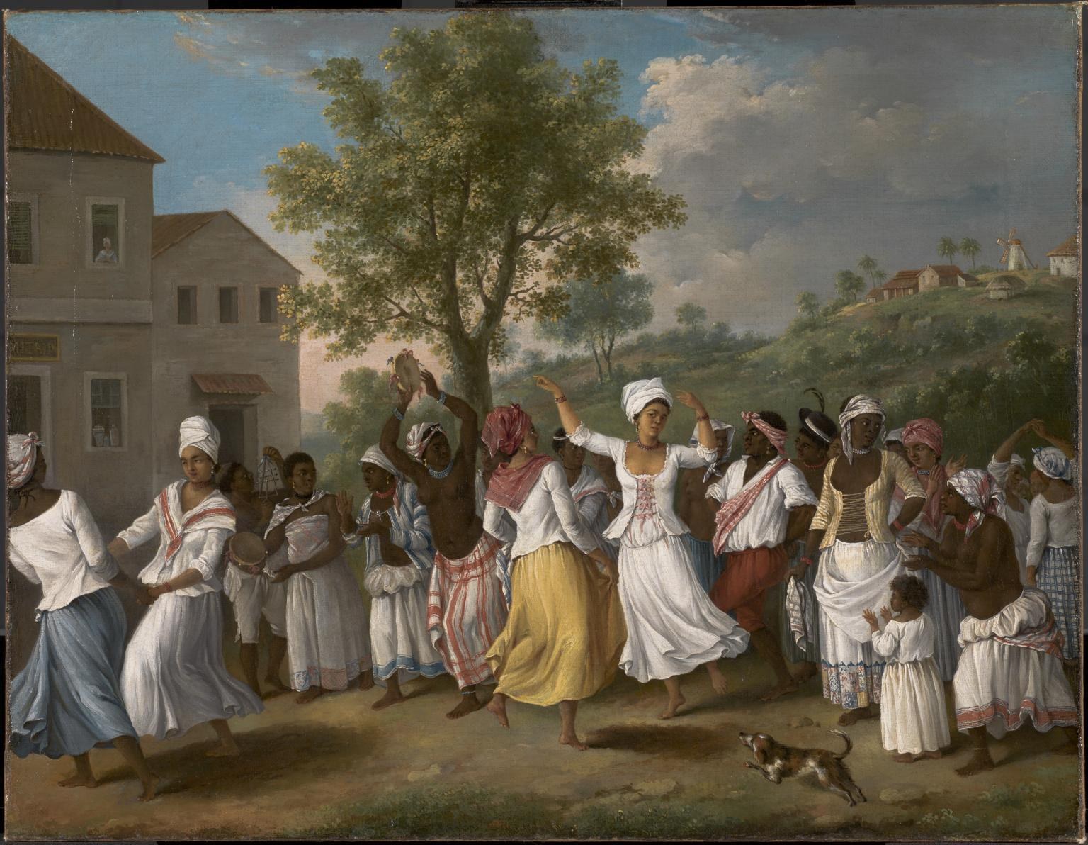 A large outdoor gathering of Black dancers and onlookers on a Caribbean plantation; a central woman in white and yellow dances with raised arms, surrounded by