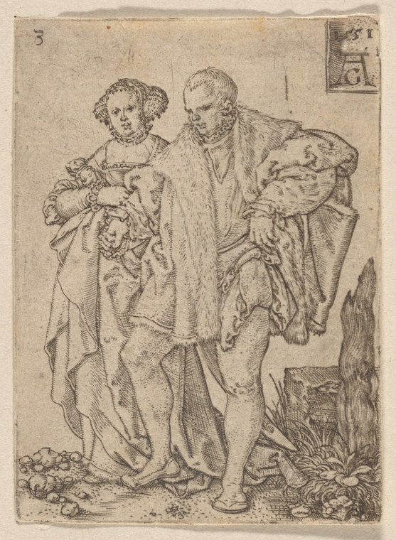A man and woman in Renaissance dress stand close together in formal pose on an engraved print, the woman's gown ornately patterned.