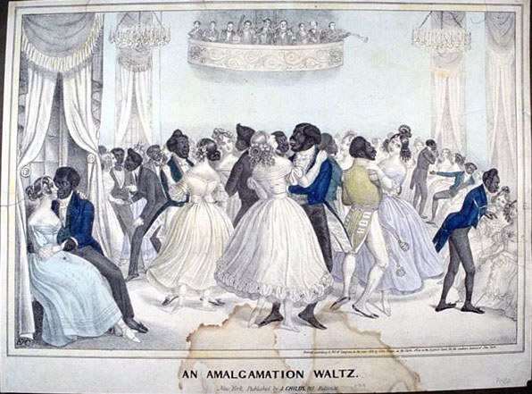 Regency-era waltz in a crowded ballroom, couples in formal dress and closed position, engraved satirical print from 1835.