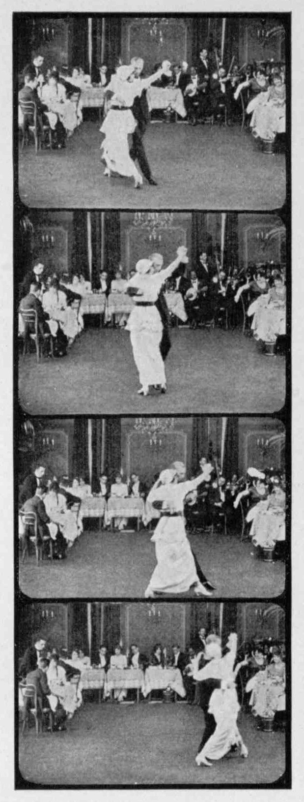 Four-frame photographic sequence of Vernon and Irene Castle in ballroom hold dancing the Hesitation Waltz, woman in white dress, man in black tailcoat.