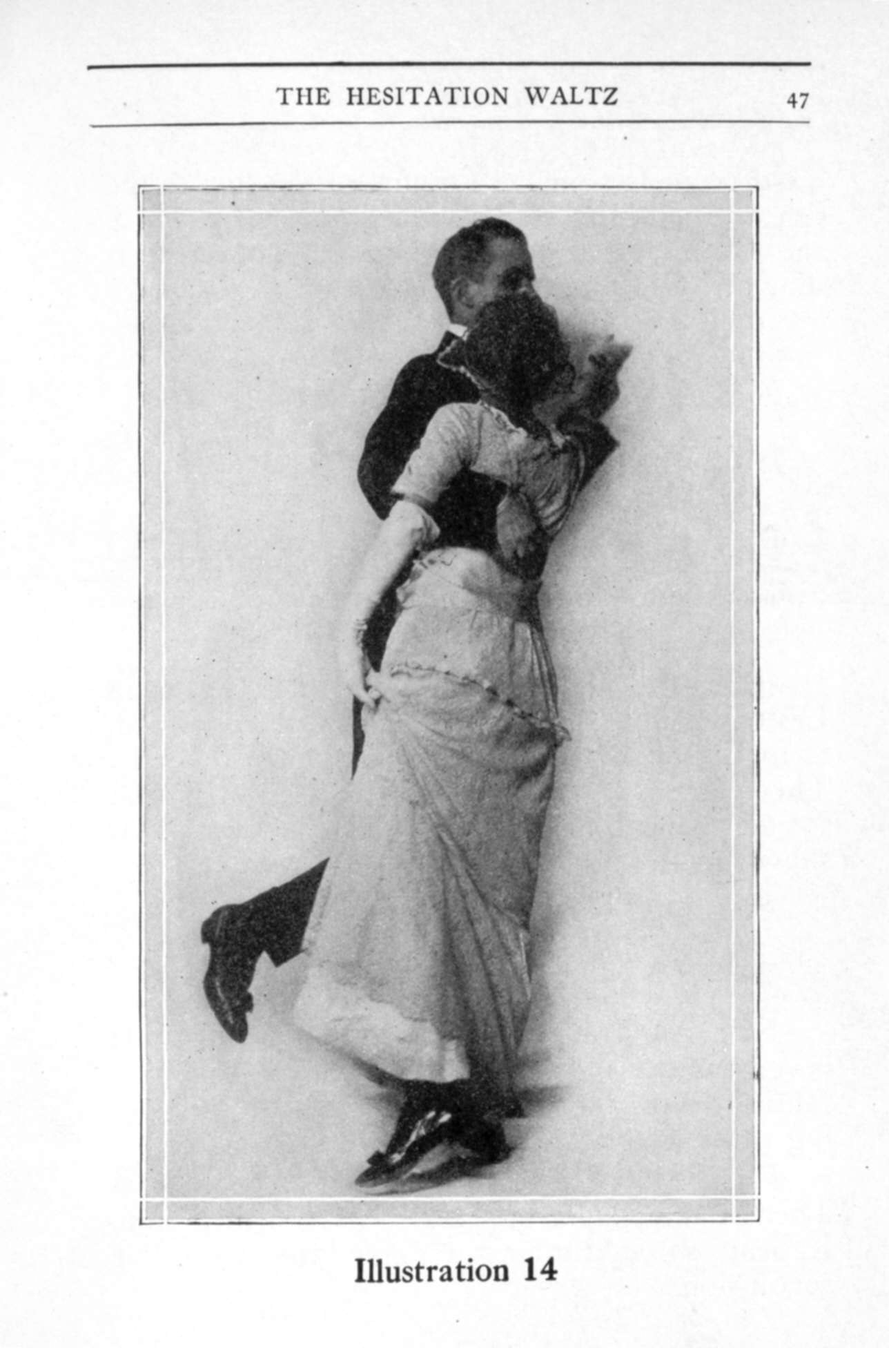 Studio photograph of a bearded man in dark jacket supporting a woman in pale gown, leaning back in a waltz frame, 1914.
